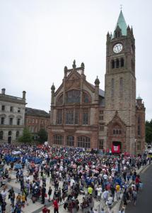 The Foyle Cup Parade makes its way into Guildhall Square on Tuesday.