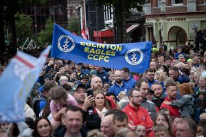 Eglinton Eagles banner proudly held aloft on Monday in Guildhall Square, Derry.