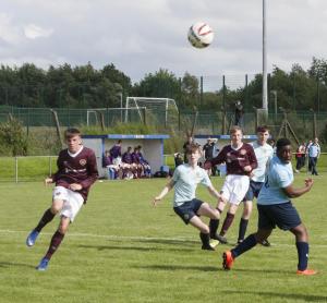 Action from East Donegal Schoolboys v Hearts at Wilton Park on Monday.